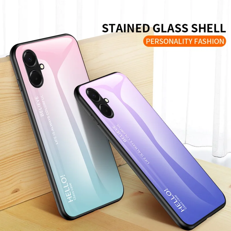 For Samsung Galaxy A07 4G Case Anti-Scratch Tempered Glass + PC + TPU Phone Cover - Gradient Pink Blue