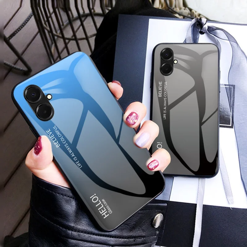 For Samsung Galaxy A07 4G Case Anti-Scratch Tempered Glass + PC + TPU Phone Cover - Gradient Pink Blue