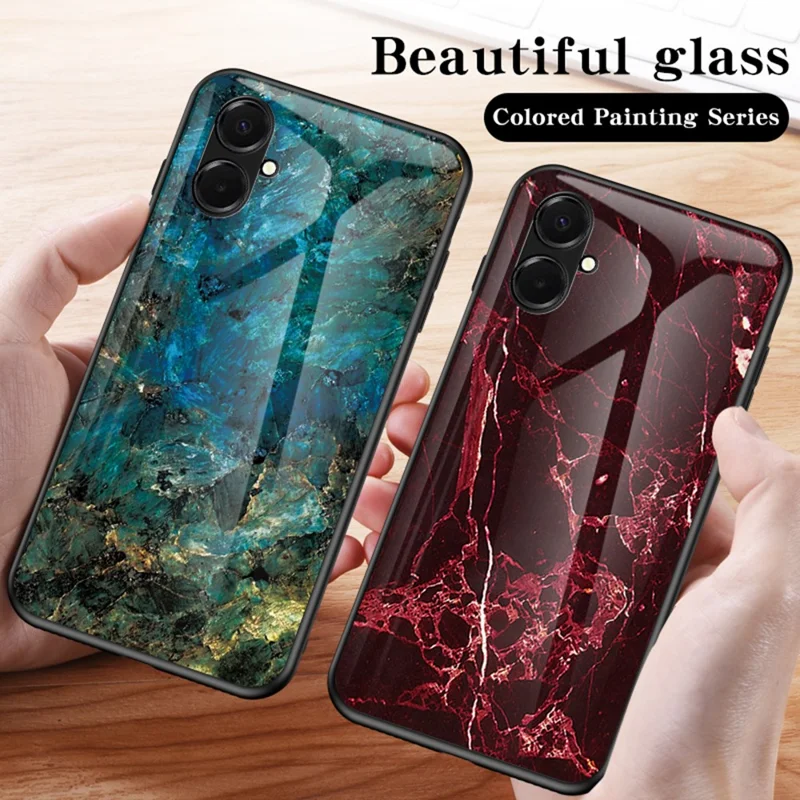 For Samsung Galaxy A07 4G Case Marble Pattern Tempered Glass + PC + TPU Protective Phone Cover - White Marble