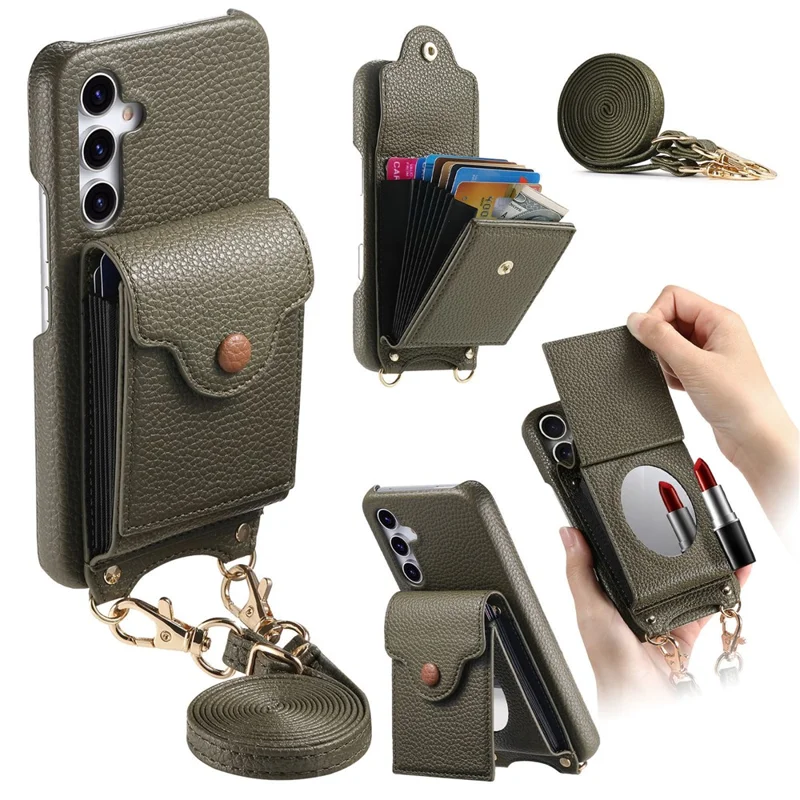 For Samsung Galaxy A16 5G  /  4G Case Mirror Card Holder Litchi Texture Leather Phone Back Cover with Long Strap - Midnight Green