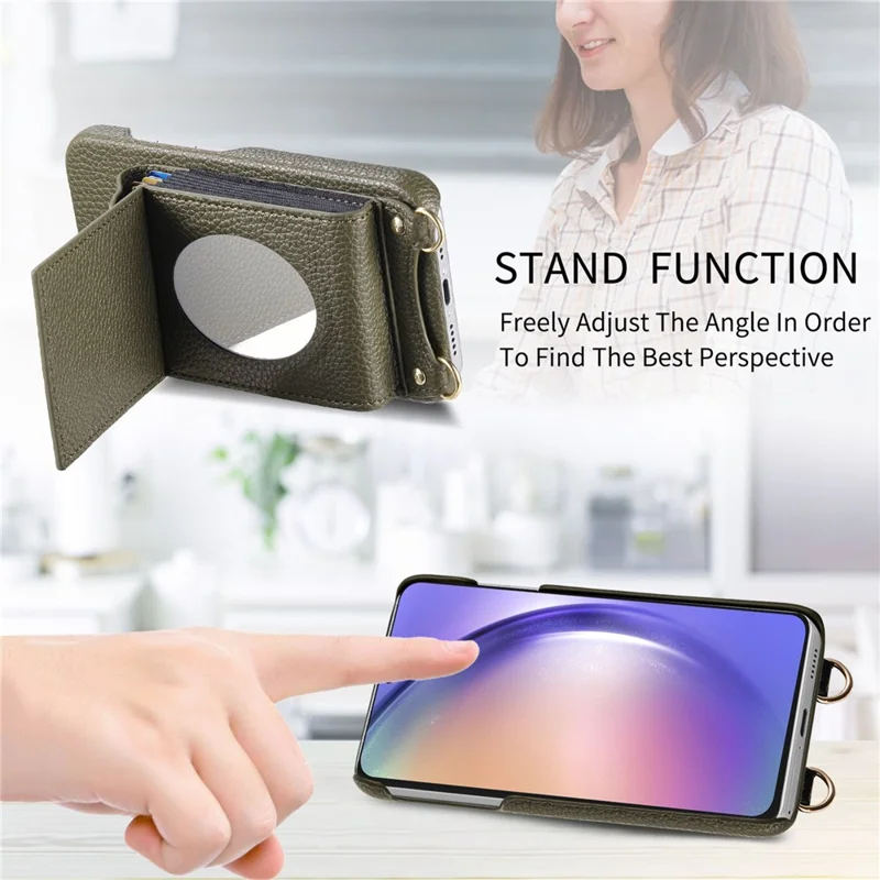 For Samsung Galaxy A16 5G  /  4G Case Mirror Card Holder Litchi Texture Leather Phone Back Cover with Long Strap - Midnight Green