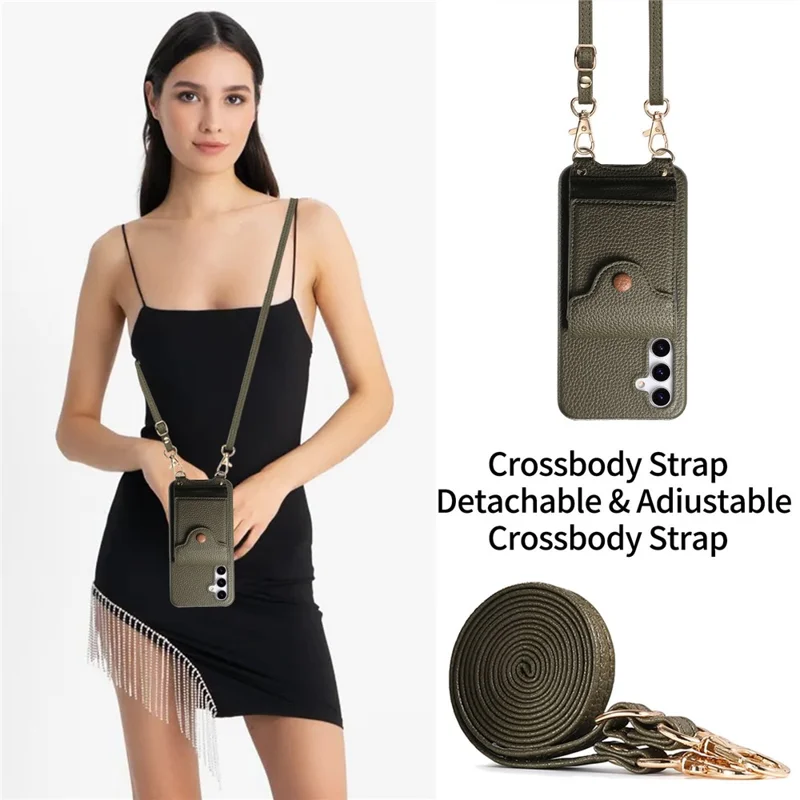 For Samsung Galaxy A16 5G  /  4G Case Mirror Card Holder Litchi Texture Leather Phone Back Cover with Long Strap - Midnight Green