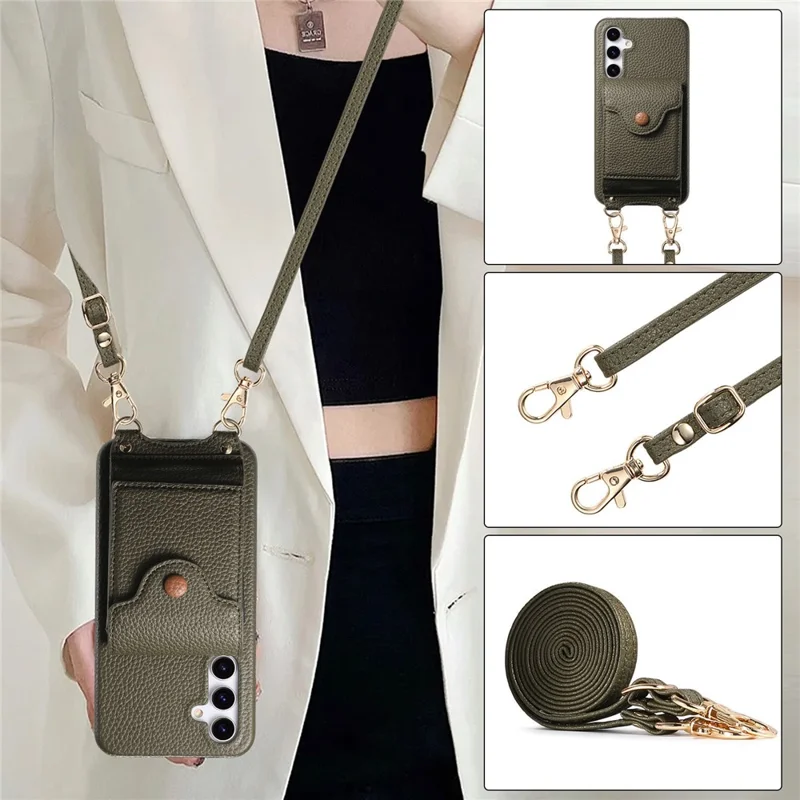 For Samsung Galaxy A16 5G  /  4G Case Mirror Card Holder Litchi Texture Leather Phone Back Cover with Long Strap - Midnight Green