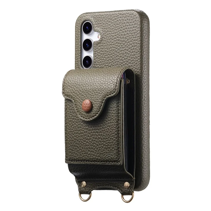 For Samsung Galaxy A16 5G  /  4G Case Mirror Card Holder Litchi Texture Leather Phone Back Cover with Long Strap - Midnight Green