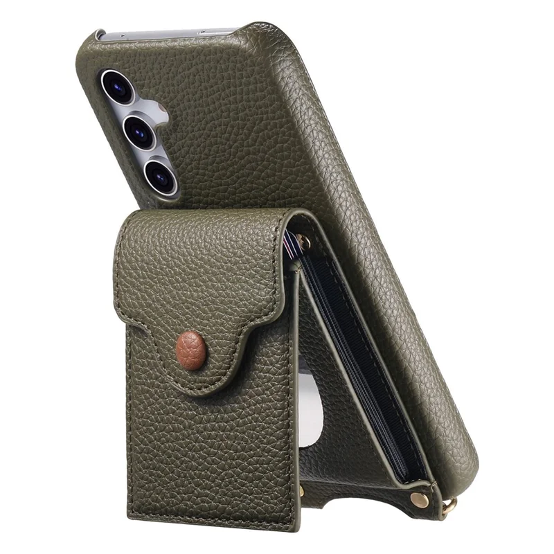 For Samsung Galaxy A16 5G  /  4G Case Mirror Card Holder Litchi Texture Leather Phone Back Cover with Long Strap - Midnight Green