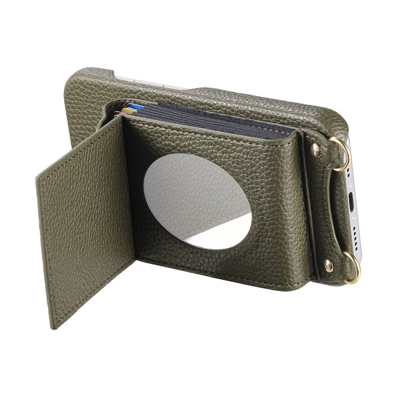 For Samsung Galaxy A16 5G  /  4G Case Mirror Card Holder Litchi Texture Leather Phone Back Cover with Long Strap - Midnight Green