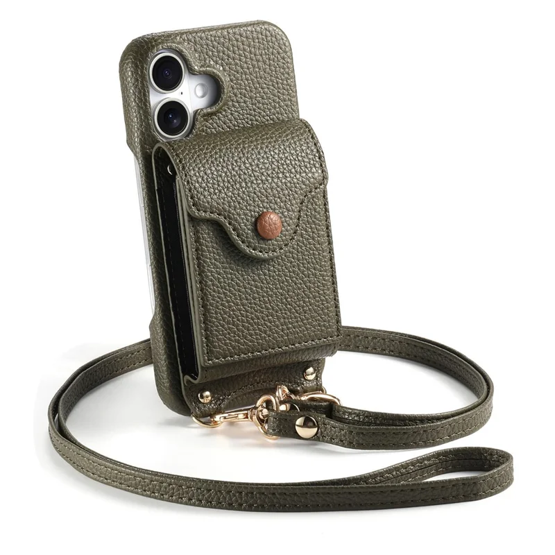 For Samsung Galaxy A16 5G  /  4G Case Mirror Card Holder Litchi Texture Leather Phone Back Cover with Long Strap - Midnight Green