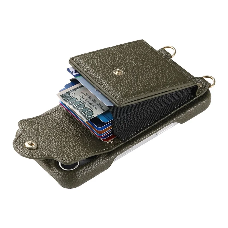 For Samsung Galaxy A16 5G  /  4G Case Mirror Card Holder Litchi Texture Leather Phone Back Cover with Long Strap - Midnight Green