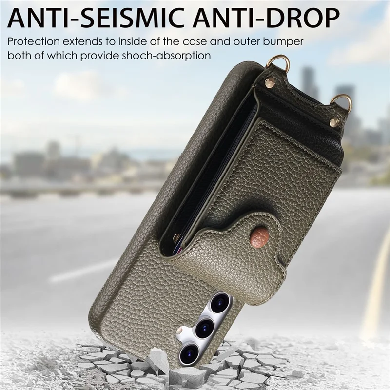 For Samsung Galaxy A16 5G  /  4G Case Mirror Card Holder Litchi Texture Leather Phone Back Cover with Long Strap - Midnight Green