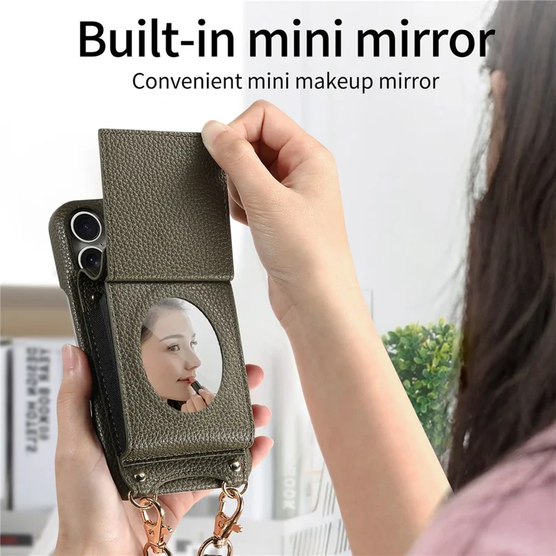 For Samsung Galaxy A16 5G  /  4G Case Mirror Card Holder Litchi Texture Leather Phone Back Cover with Long Strap - Midnight Green