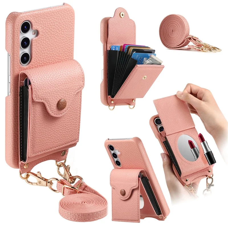 Capa para Samsung Galaxy A16 5G / 4G com Suporte para Cartão Espelhado, Textura de Couro Estilo Lichia, Capa Traseira com Alça Longa - Rosa