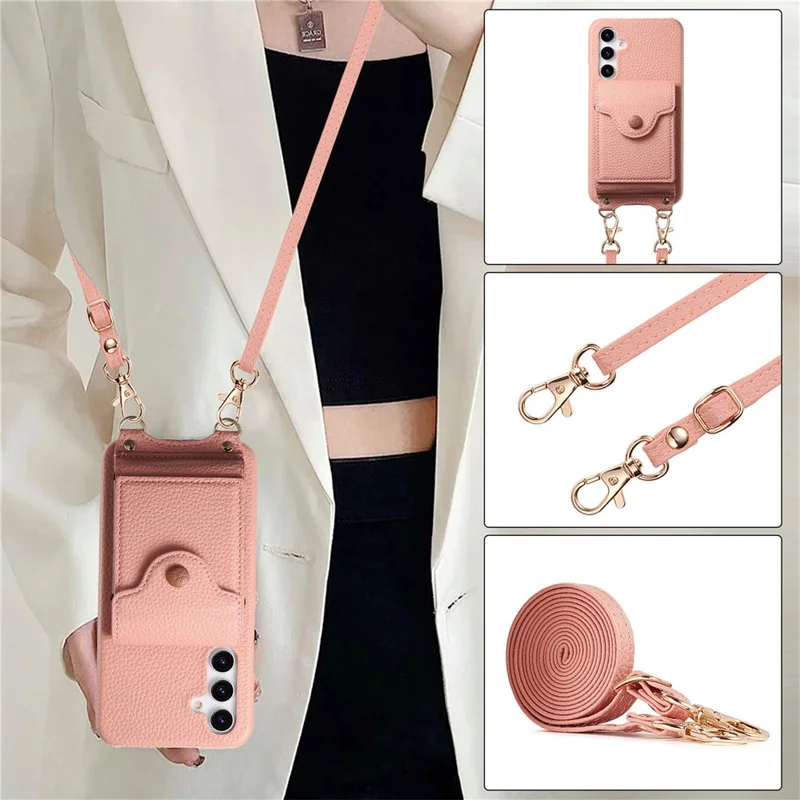 Capa para Samsung Galaxy A16 5G / 4G com Suporte para Cartão Espelhado, Textura de Couro Estilo Lichia, Capa Traseira com Alça Longa - Rosa