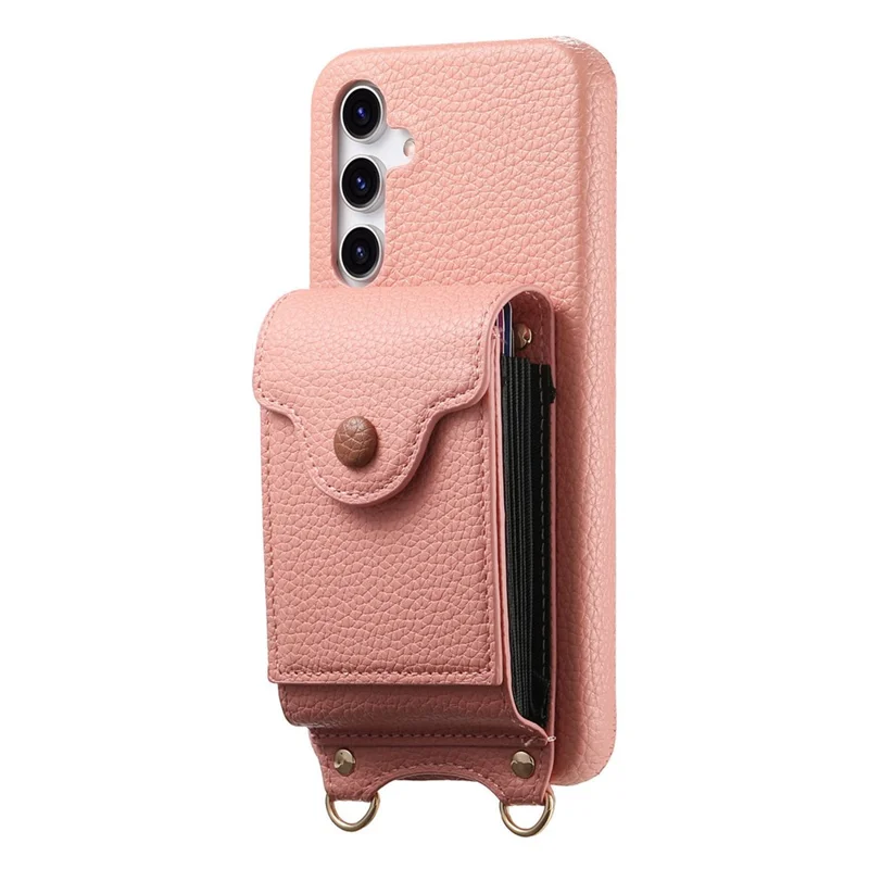 Capa para Samsung Galaxy A16 5G / 4G com Suporte para Cartão Espelhado, Textura de Couro Estilo Lichia, Capa Traseira com Alça Longa - Rosa