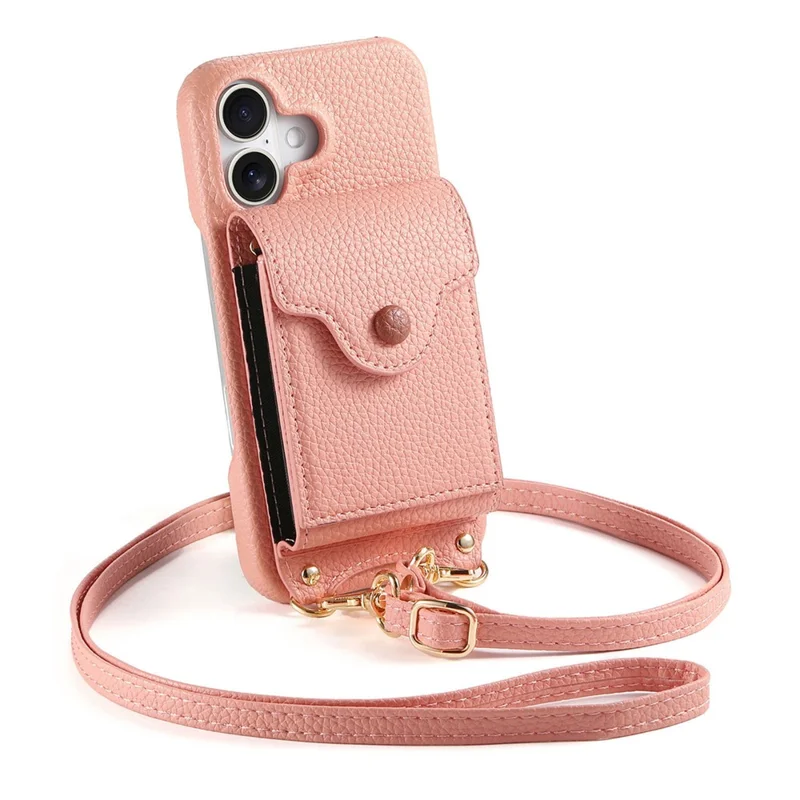 Capa para Samsung Galaxy A16 5G / 4G com Suporte para Cartão Espelhado, Textura de Couro Estilo Lichia, Capa Traseira com Alça Longa - Rosa