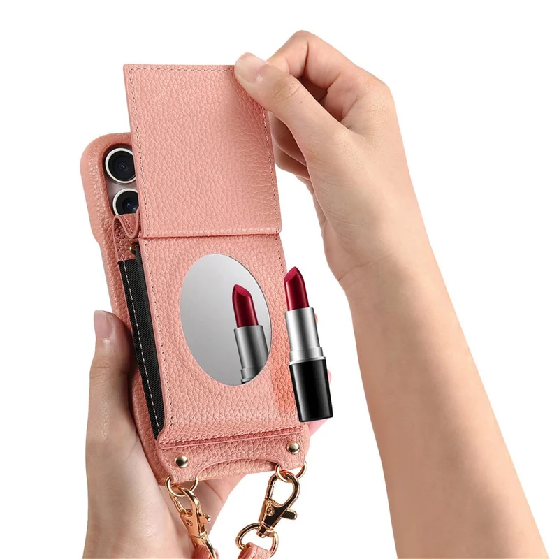 Capa para Samsung Galaxy A16 5G / 4G com Suporte para Cartão Espelhado, Textura de Couro Estilo Lichia, Capa Traseira com Alça Longa - Rosa