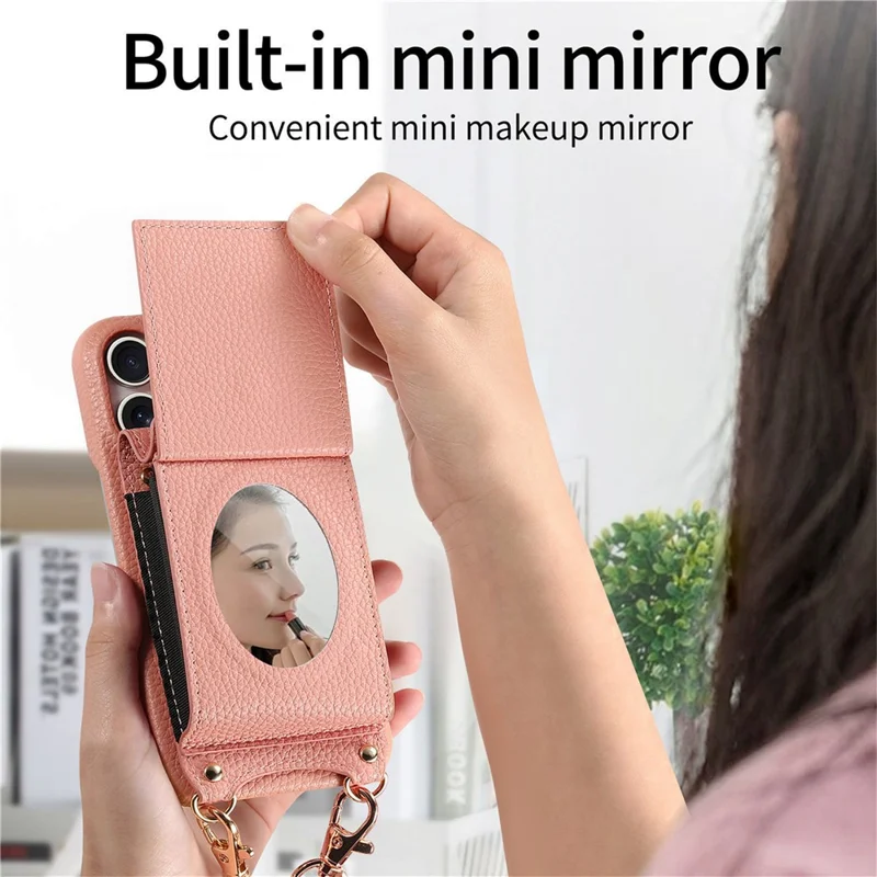 Capa para Samsung Galaxy A16 5G / 4G com Suporte para Cartão Espelhado, Textura de Couro Estilo Lichia, Capa Traseira com Alça Longa - Rosa