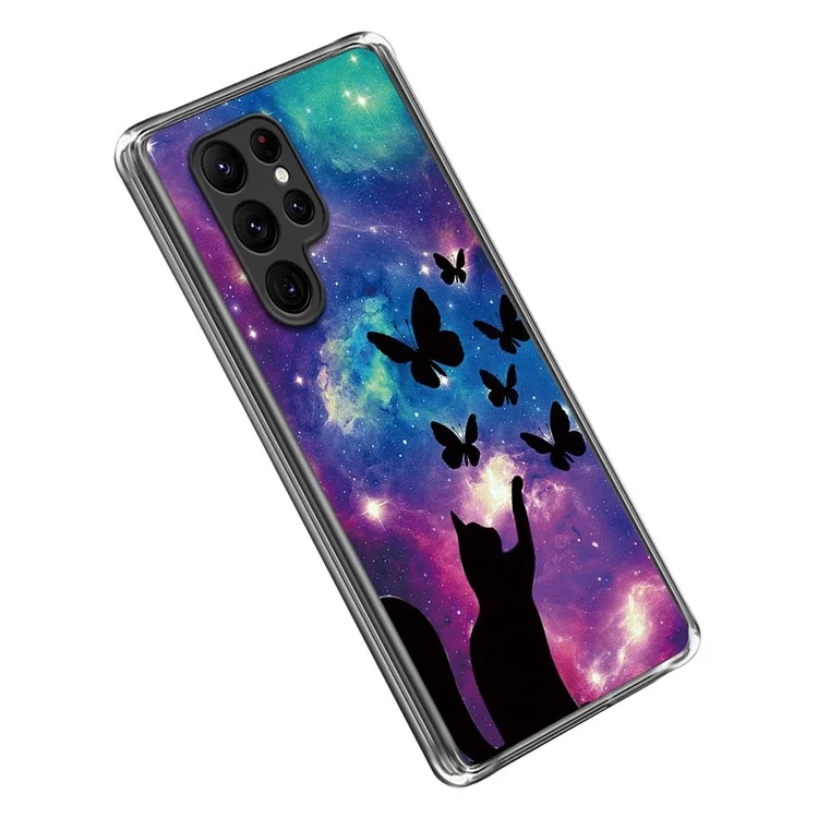 For Samsung Galaxy S23 Ultra Pattern Printing IMD Ultra Slim Phone Case Scratch-resistant TPU Protective Cover - Cat and Butterflies