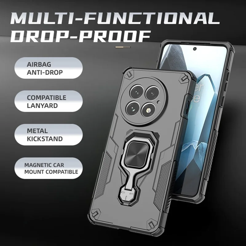 Funda para OnePlus 13 con Anillo Giratorio y Soporte Plegable, Carcasa Híbrida PC + TPU Antigolpes - Negro