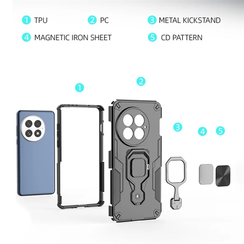 Funda para OnePlus 13 con Anillo Giratorio y Soporte Plegable, Carcasa Híbrida PC + TPU Antigolpes - Negro