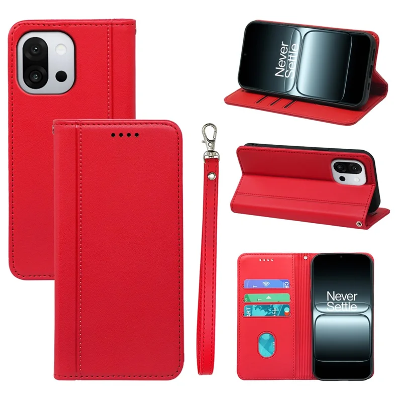 For OnePlus 13T 5G Wallet Case Magnetic Closing PU Leather Phone Cover with Wrist Strap - Red