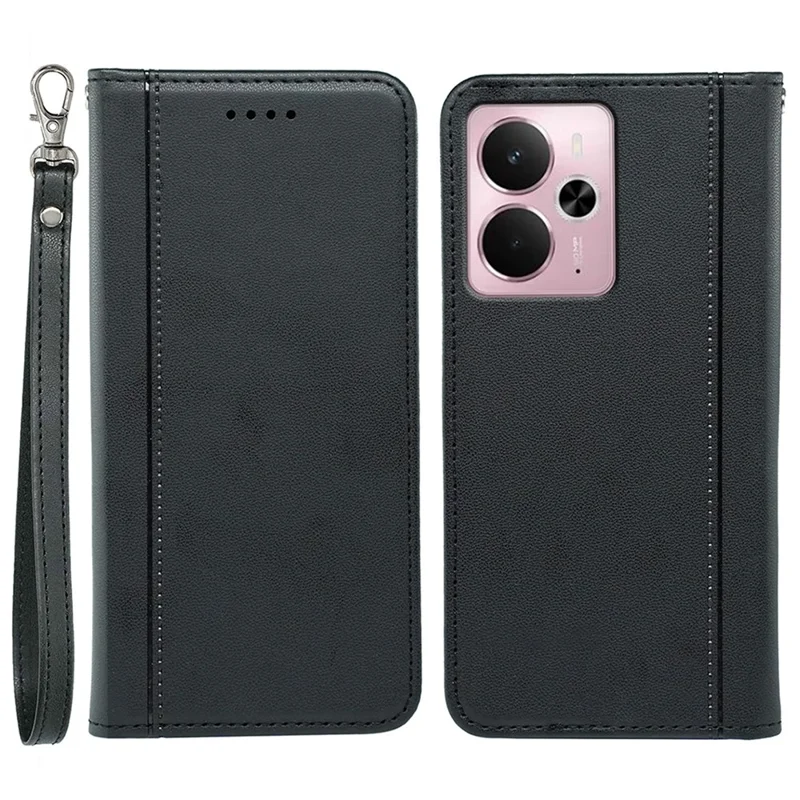For Realme 14 5G Wallet Case Magnetic Closing PU Leather Phone Cover with Wrist Strap - Black