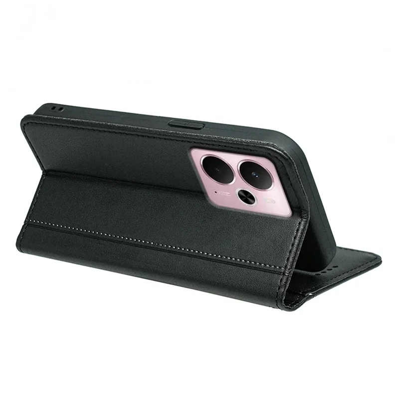 For Realme 14 5G Wallet Case Magnetic Closing PU Leather Phone Cover with Wrist Strap - Black