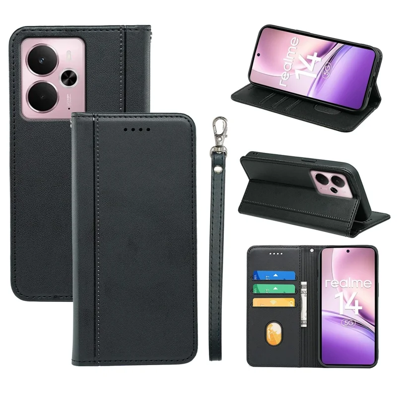 For Realme 14 5G Wallet Case Magnetic Closing PU Leather Phone Cover with Wrist Strap - Black