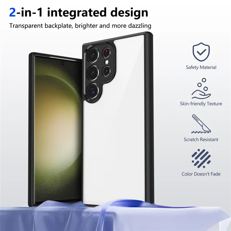 Für Samsung Galaxy S24 Ultra Hülle Matte Skin Touch Transparent PC + TPU Stoßfeste Handyhülle Rückseite - Schwarz