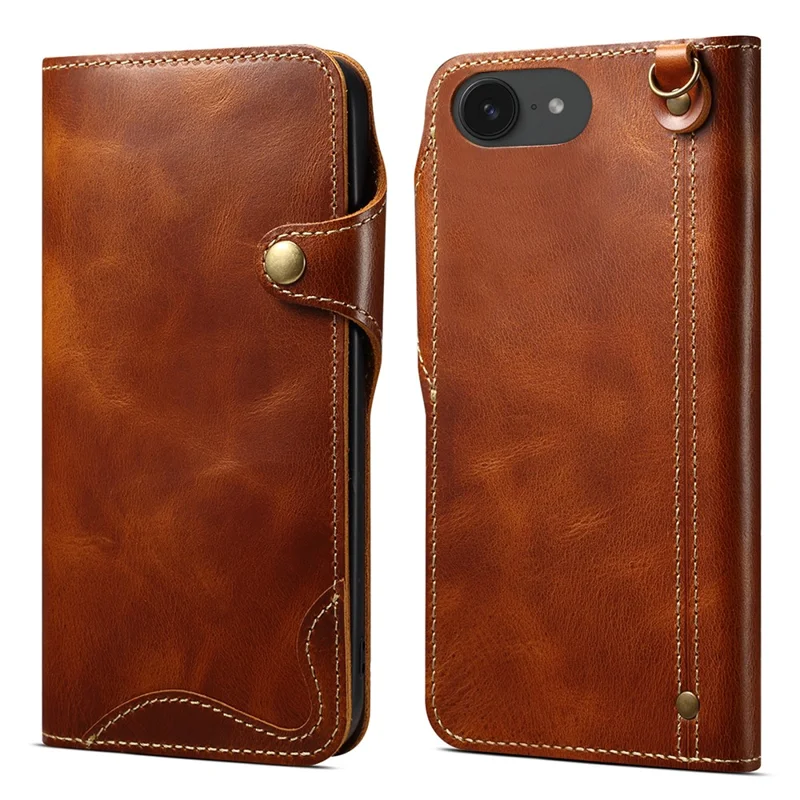 For iPhone 16e Case Wallet Waxy Genuine Cow Leather Shockproof Phone Cover with Wrist Strap - Brown
