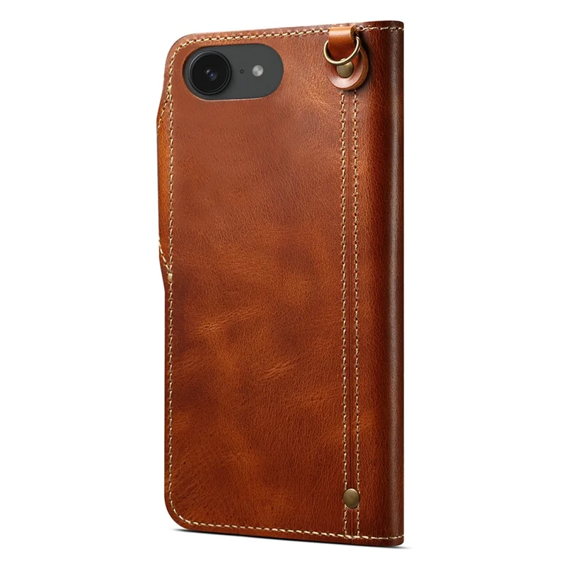 For iPhone 16e Case Wallet Waxy Genuine Cow Leather Shockproof Phone Cover with Wrist Strap - Brown