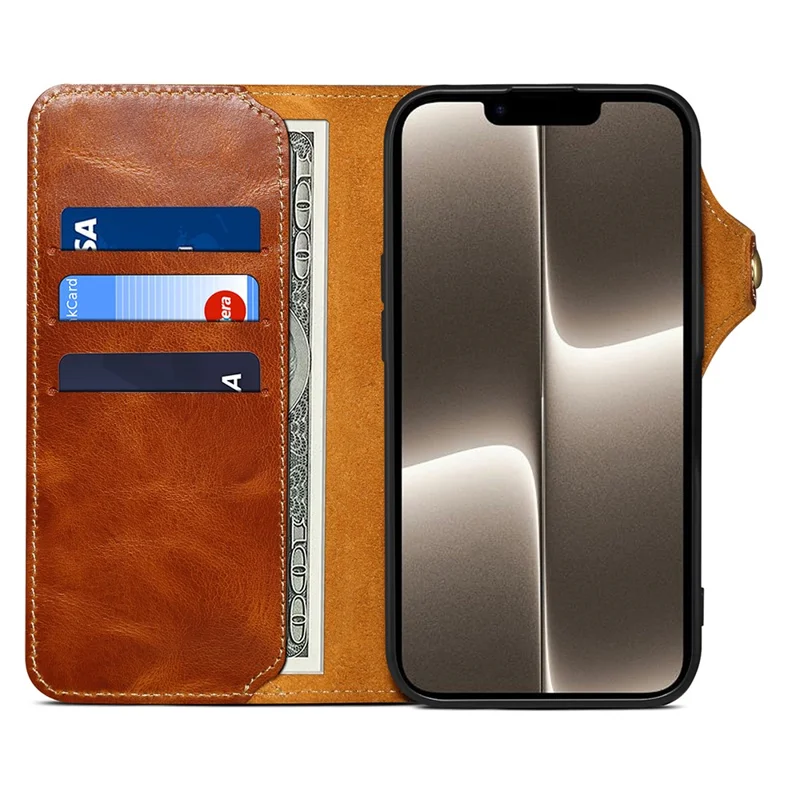 For iPhone 16e Case Wallet Waxy Genuine Cow Leather Shockproof Phone Cover with Wrist Strap - Brown