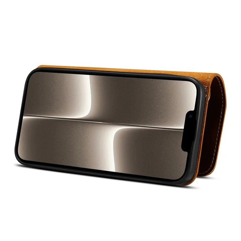 For iPhone 16e Case Wallet Waxy Genuine Cow Leather Shockproof Phone Cover with Wrist Strap - Brown