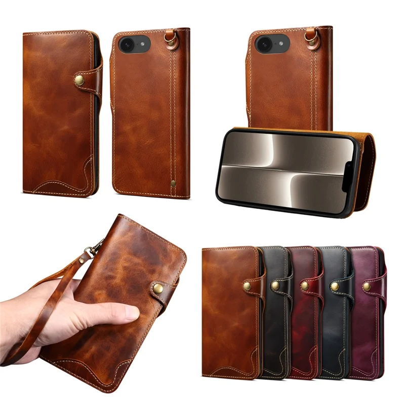 For iPhone 16e Case Wallet Waxy Genuine Cow Leather Shockproof Phone Cover with Wrist Strap - Brown