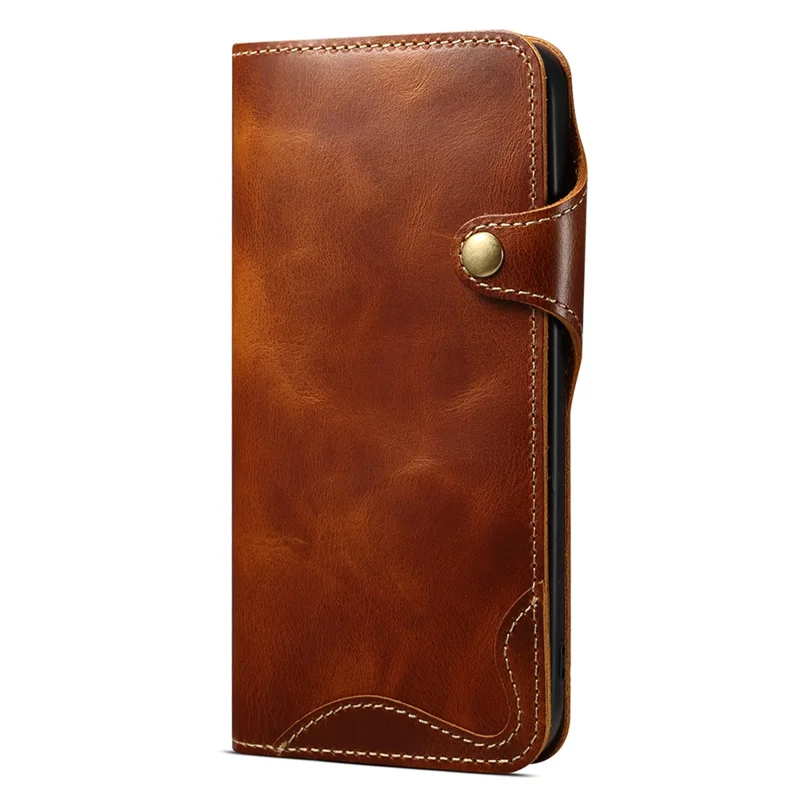 For iPhone 16e Case Wallet Waxy Genuine Cow Leather Shockproof Phone Cover with Wrist Strap - Brown