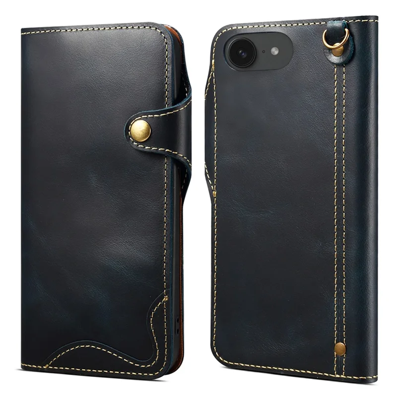 Capa Carteira para iPhone 16e em Couro Genuíno de Vaca Texturizado, à Prova de Choque, com Alça de Pulso - Azul
