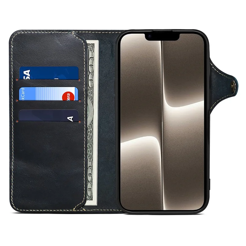 Capa Carteira para iPhone 16e em Couro Genuíno de Vaca Texturizado, à Prova de Choque, com Alça de Pulso - Azul