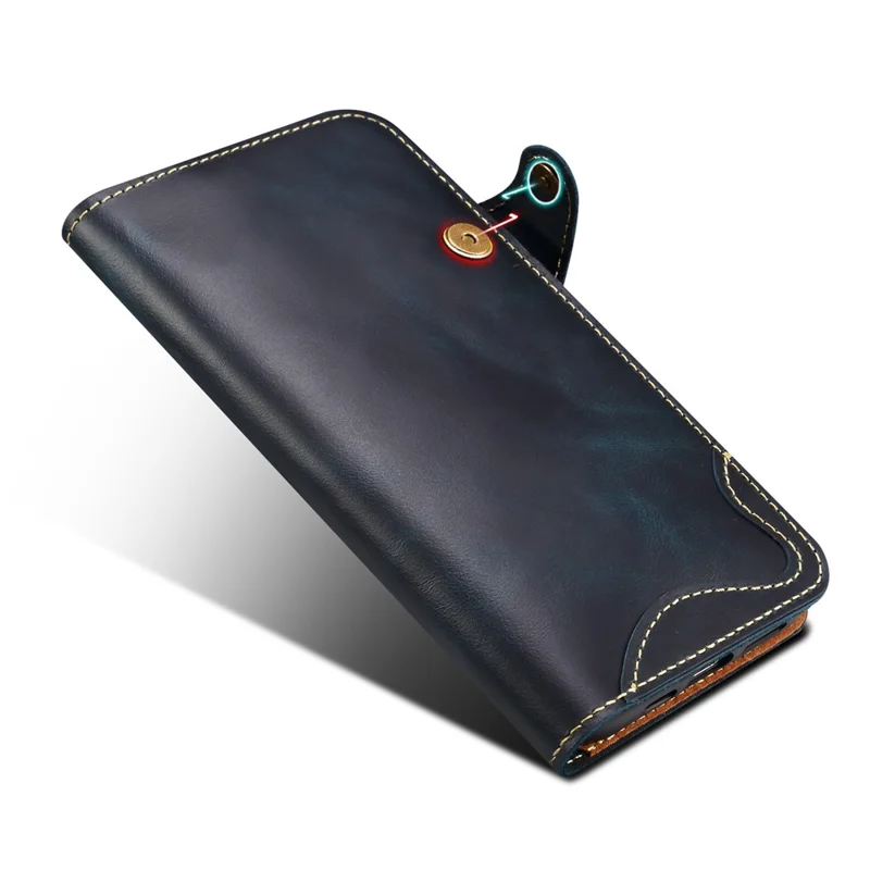 Capa Carteira para iPhone 16e em Couro Genuíno de Vaca Texturizado, à Prova de Choque, com Alça de Pulso - Azul