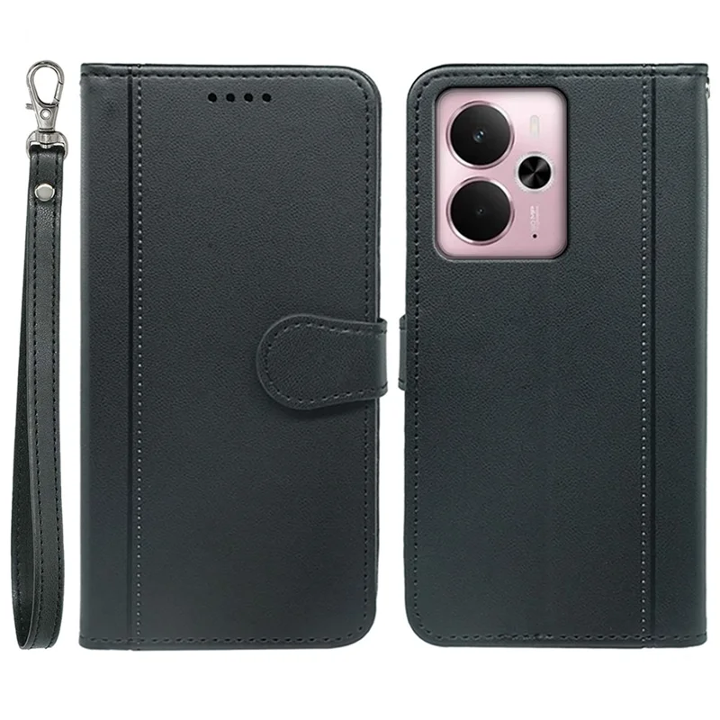 For Realme 14 5G Wallet Case Magnetic Snap Leather Phone Cover with Strap - Black