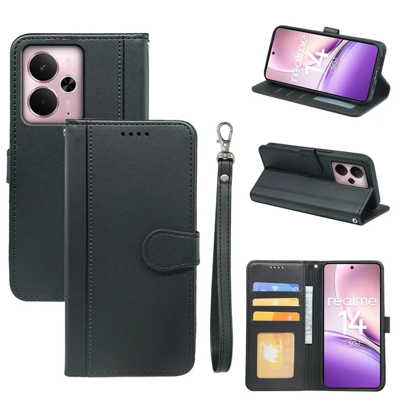For Realme 14 5G Wallet Case Magnetic Snap Leather Phone Cover with Strap - Black