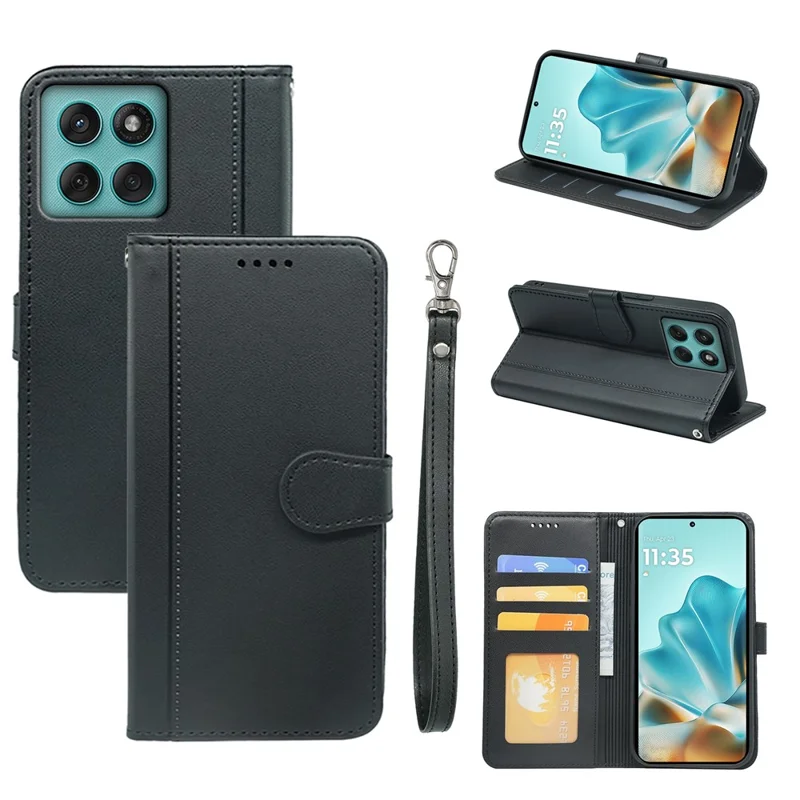 For Motorola Edge 60 Fusion 5G Wallet Case Magnetic Snap Leather Phone Cover with Strap - Black