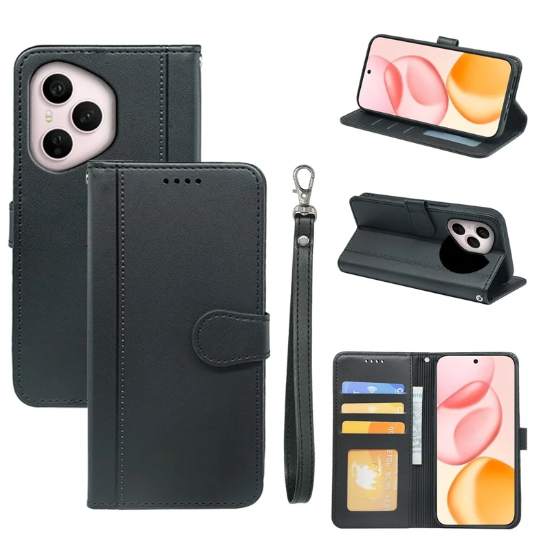 For Honor 400 Pro 5G (Global) Wallet Case Magnetic Snap Leather Phone Cover with Strap - Black