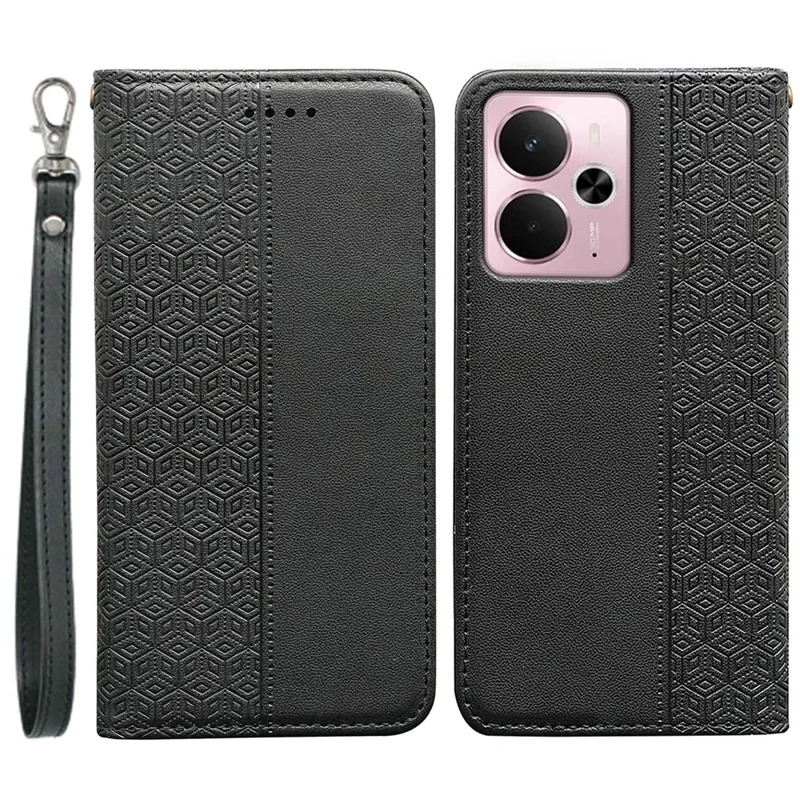 Für Realme 14 5G Brieftasche Handyhülle Stark Magnetisch Kariertes Muster Geprägtes Leder Flip Cover - Schwarz