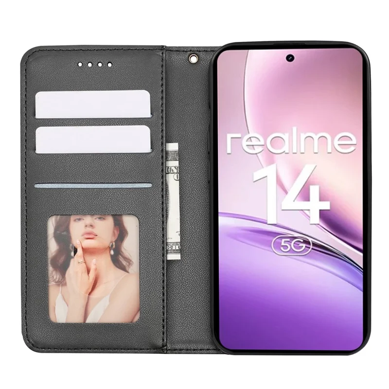 Für Realme 14 5G Brieftasche Handyhülle Stark Magnetisch Kariertes Muster Geprägtes Leder Flip Cover - Schwarz