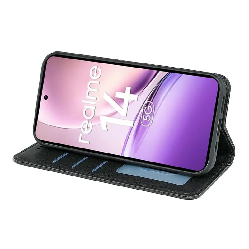 Für Realme 14 5G Brieftasche Handyhülle Stark Magnetisch Kariertes Muster Geprägtes Leder Flip Cover - Schwarz