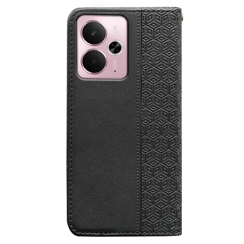 Für Realme 14 5G Brieftasche Handyhülle Stark Magnetisch Kariertes Muster Geprägtes Leder Flip Cover - Schwarz