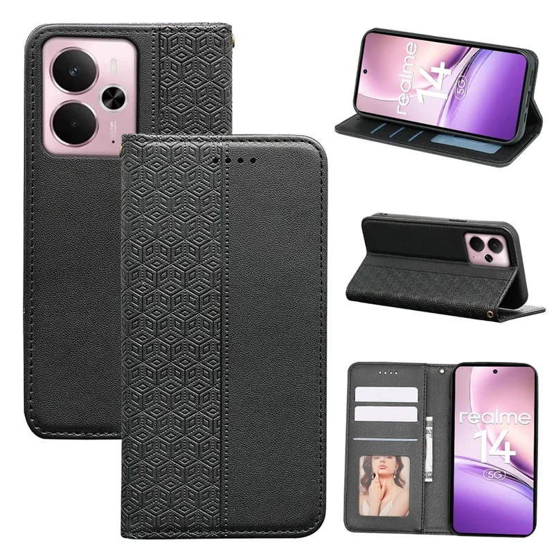 Für Realme 14 5G Brieftasche Handyhülle Stark Magnetisch Kariertes Muster Geprägtes Leder Flip Cover - Schwarz