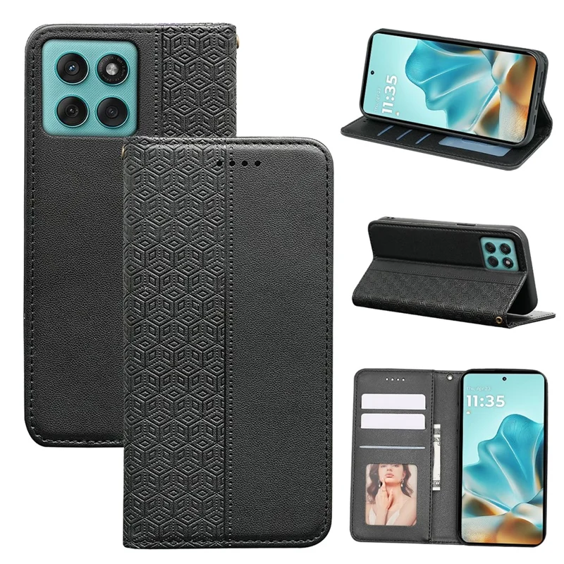 For Motorola Edge 60 Fusion 5G Wallet Phone Case Checkered Pattern Imprint Leather Flip Cover with Wrist Strap - Black