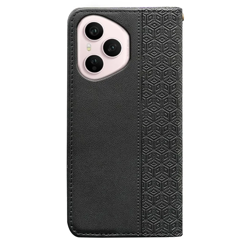 For Honor 400 Pro 5G (Global) Wallet Phone Case Checkered Pattern Imprint Leather Flip Cover with Wrist Strap - Black