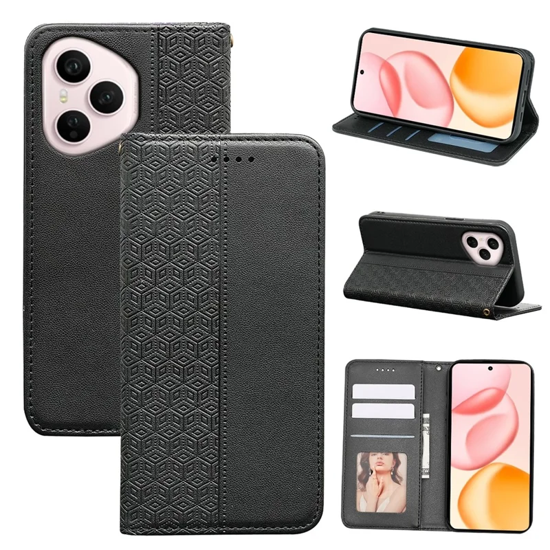 For Honor 400 Pro 5G (Global) Wallet Phone Case Checkered Pattern Imprint Leather Flip Cover with Wrist Strap - Black