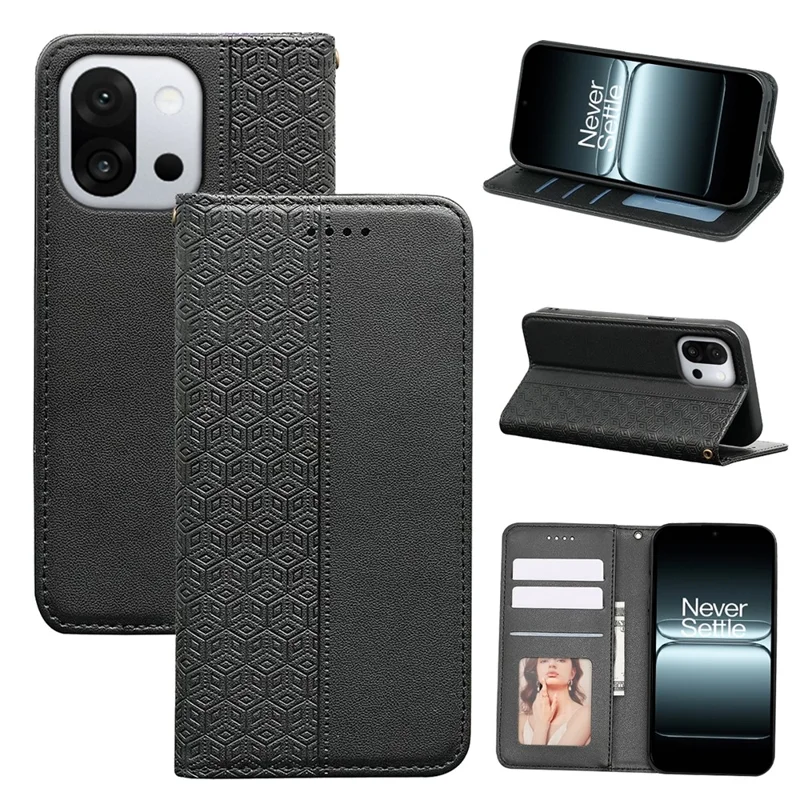 Für OnePlus 13T 5G Brieftasche Handyhülle mit starkem Magnetverschluss, Karomuster-Prägung, Leder Flip Cover - Schwarz